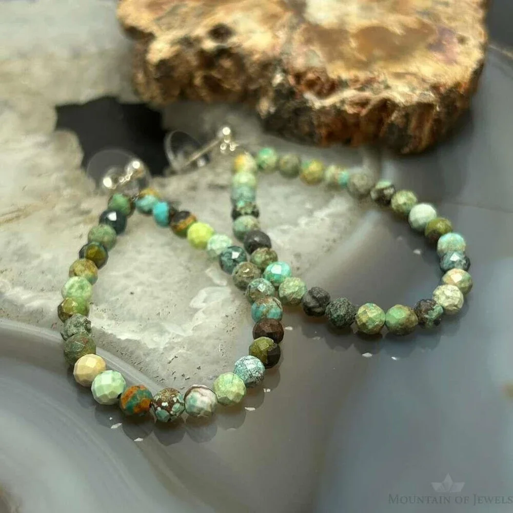 Sterling Silver Faceted Hubei Turquoise Beads Hoop Earrings For Women